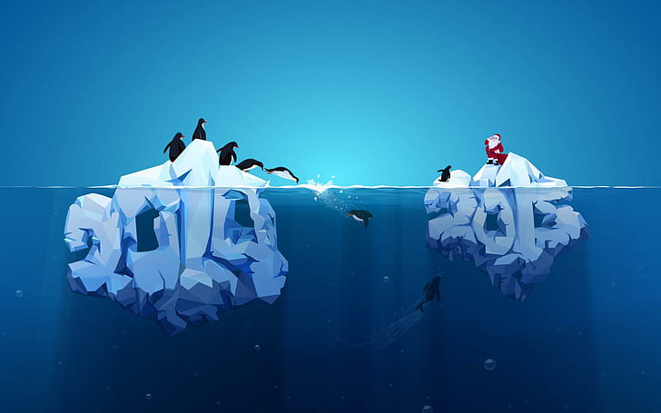 Iceberg Penguins 2015, 2014 and 2015 icebergs with santa and penguins illustration, festivals / holidays, new year, penguin, santa claus, snow, ocean, HD wallpaper
