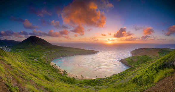 сутринта, Хавай, остров Оаху, заливът Ханаума, HD тапет HD wallpaper