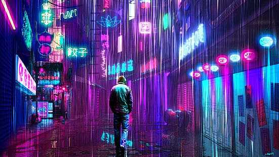 opera d'arte, neon, neon glow, gatti, strada, pioggia, fantascienza, arte digitale, Retrowave, vaporwave, rosa, blu, Sfondo HD HD wallpaper