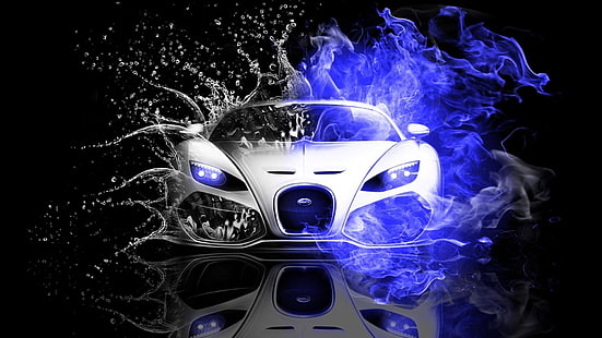 fuoco blu, fuoco, fiamma, gocce, acqua, auto sportiva, gocce d'acqua, riflesso, riflesso, auto, Sfondo HD HD wallpaper