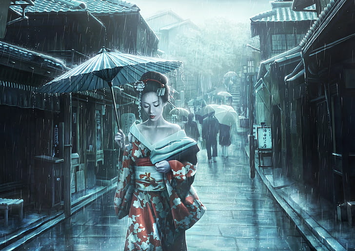 obra de arte, gueixa, quimono, guarda-chuva japonês, asiáticos, vestido, guarda-chuva, rua, arquitetura asiática, mulheres, HD papel de parede