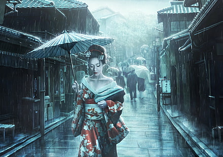 artwork, geisha, kimono, Japanese umbrella, Asian, dress, umbrella, street, Asian architecture, women, HD wallpaper HD wallpaper