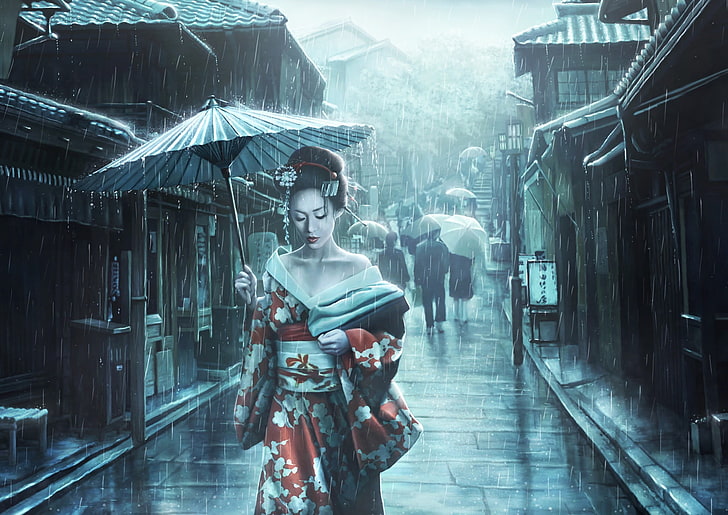 woman holding paper umbrella painting, artwork, women, Asian, Asian architecture, geisha, street, umbrella, Japanese umbrella, dress, kimono, HD wallpaper