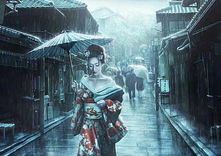 woman holding paper umbrella painting, artwork, women, Asian, Asian architecture, geisha, street, umbrella, Japanese umbrella, dress, kimono, HD wallpaper HD wallpaper