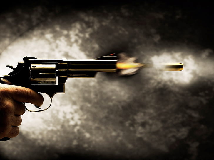 Instant bullet fired from the pistol, stainless stee pistol revolver, Instant, Bullet, Fired, Pistol, HD wallpaper