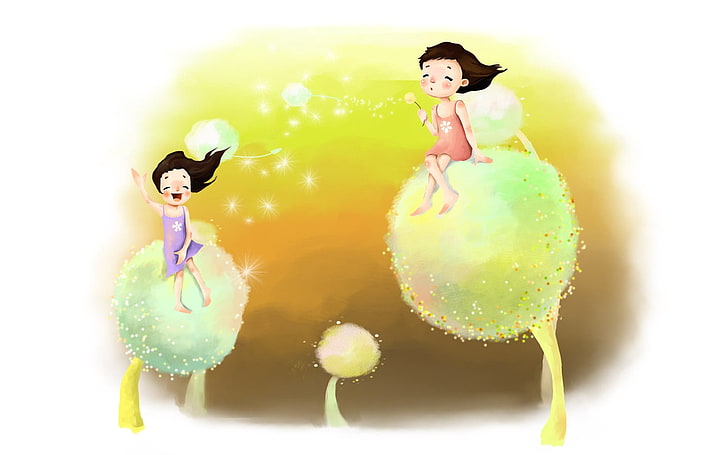 two girl illustration, drawing, childhood, girl, dreams, dandelions, down, wind, laughter, joy, positive, HD wallpaper