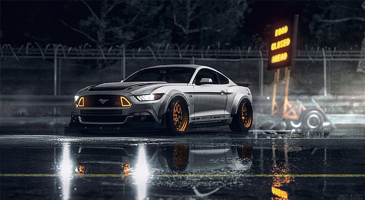 Mustang, 6: e generationen silver Ford Mustang coupe, Bilar, Ford, Night, Road, Rain, Mustang, gator, roadclosed, HD tapet
