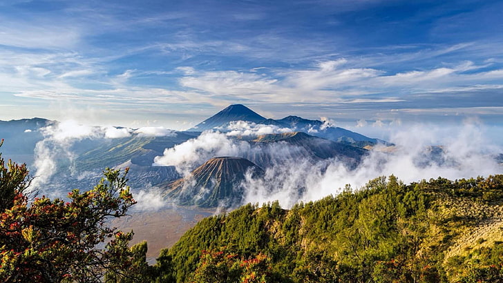 indonesia, mountains, vulcano, clouds, sky, landscape, asia, mount bromo, stratovolcano, HD wallpaper