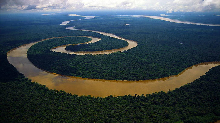 Meandering River Tigre, Peruvian Amazon HD, aerial view of body of water surrounded by trees photo, clouds, meandering, peruvian amazon, rainforest, river, tigre, water, HD wallpaper