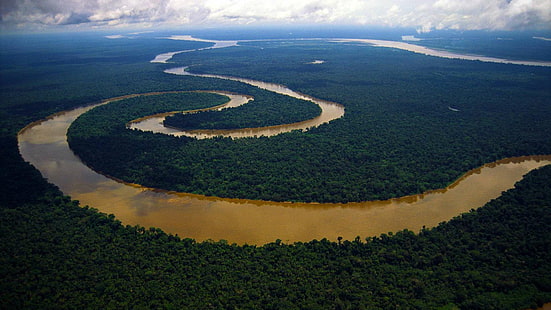 Meandering River Tigre, Peruvian Amazon HD, aerial view of body of water surrounded by trees photo, clouds, meandering, peruvian amazon, rainforest, river, tigre, water, HD wallpaper HD wallpaper