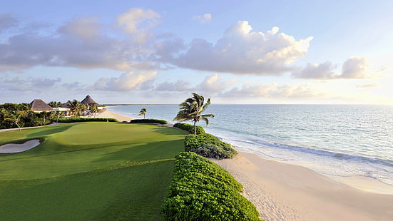 зеленая пальма, природа, пейзаж, вода, море, Мексика, поле для гольфа, пальмы, песок, трава, дом, поле, облака, горизонт, солнечный свет, ветрено, пляж, HD обои HD wallpaper