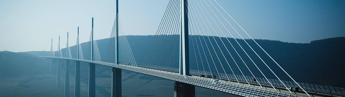 jembatan beton abu-abu, jembatan, banyak pajangan, Millau Viaduct, Prancis, Wallpaper HD HD wallpaper