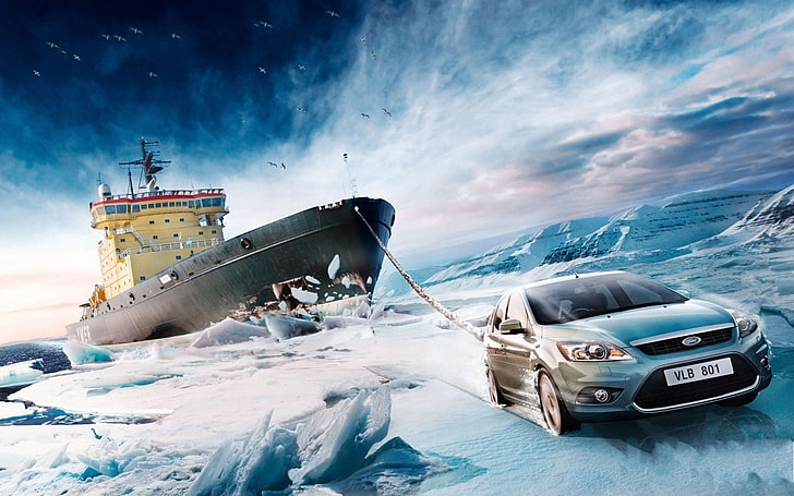 silver sedan and gray and yellow ship wallpaper, vehicle, car, Ford, ford focus, ship, iceberg, ropes, sea, winter, snow, photo manipulation, commercial, icebreakers, cyan, blue, humor, ice, HD wallpaper