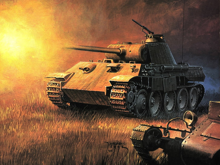 tanque de batalla marrón, figura, flash, tiro, arte, pantera, tanque, la segunda guerra mundial, alemán, promedio, PzKpfw V, Fondo de pantalla HD