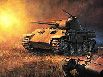 brown battle tank, figure, flash, shot, art, Panther, tank, The second world war, German, average, PzKpfw V, HD wallpaper HD wallpaper
