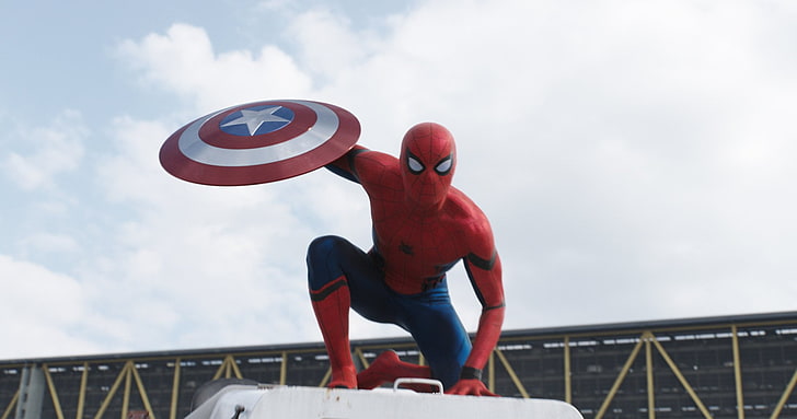 Спайдърмен, който държи тапет за щит на Капитан Америка, Капитан Америка, Капитан Америка: Гражданска война, Комикси на Marvel, Филм, Спайдърмен, HD тапет