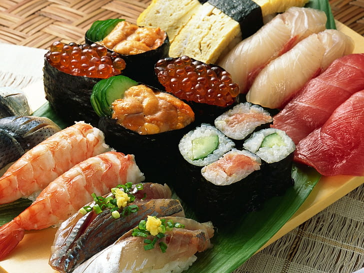 Sushi, allsorts, kaviar, räkor, fisk, japansk mat, HD tapet