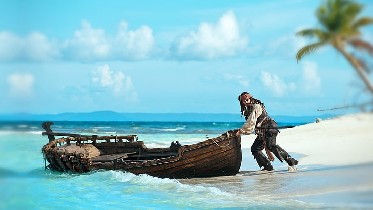 Jack Sparrow dari Pirates of the Caribbean, Pirates of the Caribbean, Johnny Depp, Jack Sparrow, pria, perahu, pantai, laut, film, Wallpaper HD
