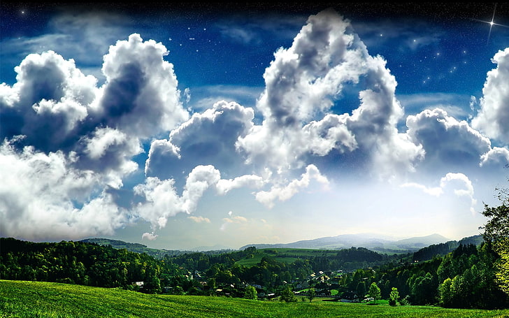 пейзаж, природа, небо, цифровое искусство, облака, звезды, HD обои