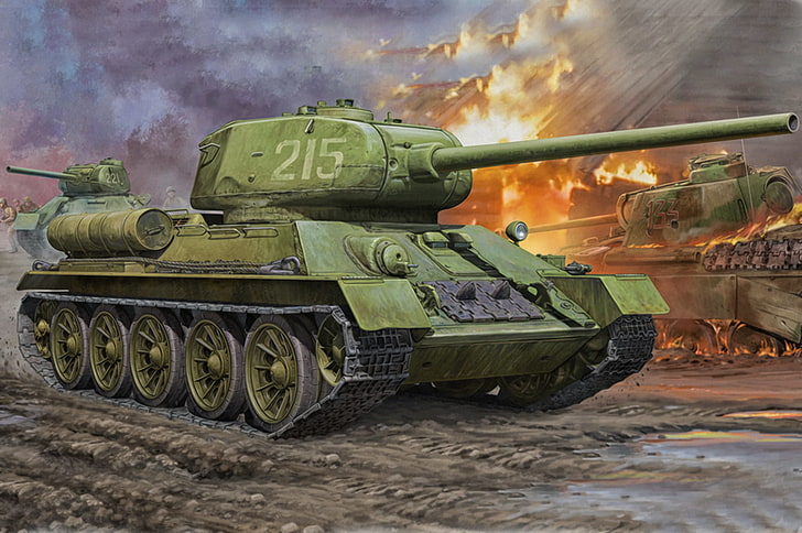 зеленый танк иллюстрация, война, арт, живопись, ww2, T-34-85.tank, HD обои