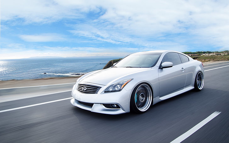 silver Infiniti coupe, infiniti, g37, coupe, side view, speed, HD wallpaper