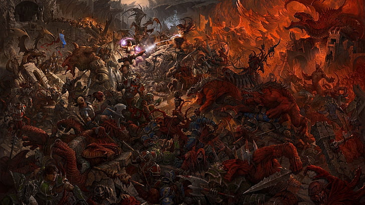 Warhammer, pertempuran, fantasi, karya seni, orc, sihir, pejuang, naga, Game, Wallpaper HD