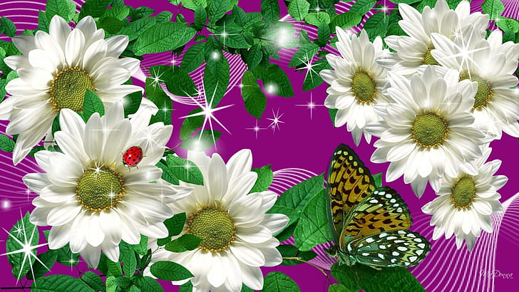 밝은 카모마일, 파이어 폭스 페르소나, 별, 카모마일, 잎, 밝은, 나비, 꽃, 무당 벌레, 레이디 버그, 3D 및 abstra, HD 배경 화면