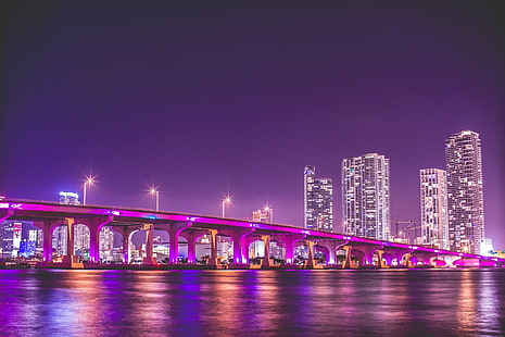 Florida Miami, ljusare byggnader nära brofoto, Florida, bro, Miami, vice stad, natt, HD tapet HD wallpaper