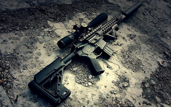 ปืนไรเฟิลสีดำพร้อมขอบเขตยุทธวิธี, AR-15, ปืนไรเฟิล, ปืน, อาวุธ, ทหาร, วอลล์เปเปอร์ HD