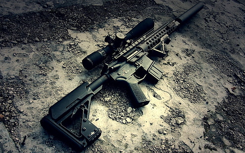 rifle de asalto negro con alcance táctico, AR-15, rifles, pistola, arma, militar, Fondo de pantalla HD HD wallpaper