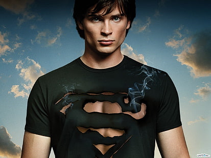 Herren schwarz-graues T-Shirt mit Rundhalsausschnitt, Schauspieler, die Serie, Superman, Clark Kent, Tom Welling, Smallville, HD-Hintergrundbild HD wallpaper