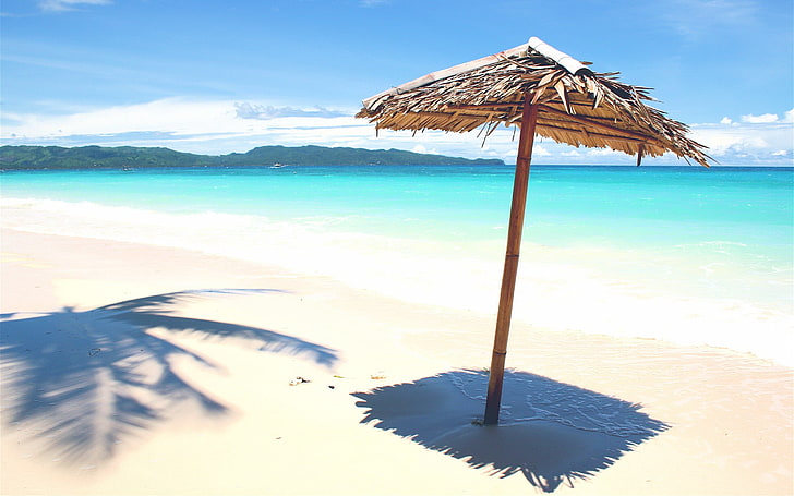 brown wicker umbrella, chaise lounge, canopy, coast, tropics, sand, shadows, HD wallpaper