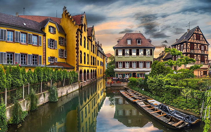 landscape, architecture, Europe, city, water, old building, trees, France, reflection, Colmar, building, canal, boat, HD wallpaper