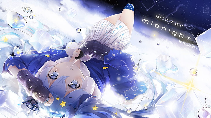 animeflickor, Vocaloid, Hatsune Miku, twintails, blå ögon, blått hår, bubblor, långt hår, snö, vinter, HD tapet