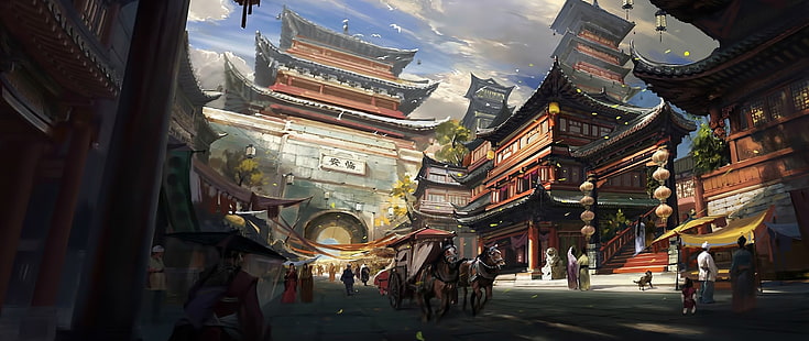 ultra wide japan fantasy city artwork fantasy art, Sfondo HD HD wallpaper