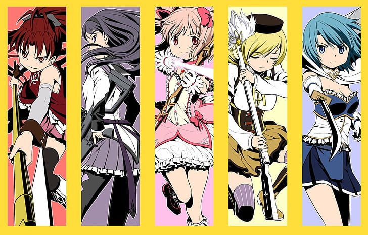 Anime, Puella Magi Madoka Magica, Homura Akemi, Kyōko Sakura, Madoka Kaname, Mami Tomoe, Sayaka Miki, Sfondo HD