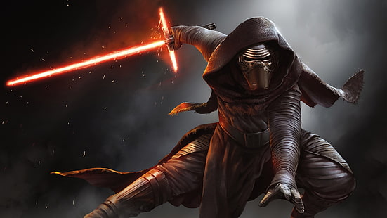 Star Wars with red sword digital wallpaper, Star Wars Kylo Ren illustration, Kylo Ren, Star Wars, lightsaber, Star Wars: The Force Awakens, science fiction, mask, digital art, HD wallpaper HD wallpaper
