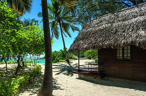 Secret Beach with Hammock, polynesia, exotic, hideaway, lagoon, blue, paradise, sand, south-pacific, tropical, islands, ocean, HD wallpaper HD wallpaper