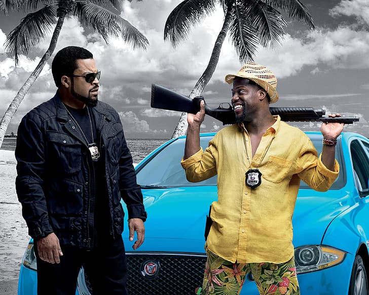 Jaguar, Action, Car, Sky, Blue, Ice Cube, Beach, Ben, James, Men, and, Guns, Sand, Winchester, Year, Sea, EXCLUSIVE, Movie, Trees, Film, Adventure, Sunglasses, Comedy, Palms, Boys, Universal Pictures, Two, Angry, 2016, Couds, Kevin Hart, Ride, Jaguar XJL, Cops, Ride Along 2, Ride Along, Funny Police, Payton, Barber, O'Shea Jackson, Along, HD wallpaper