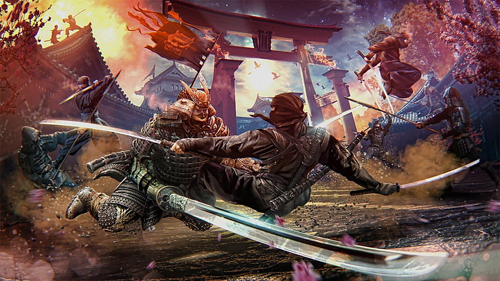 fondo de pantalla digital samurai vs samurai, ninjas, samurai, obras de arte, arte de fantasía, guerrero, batalla, bandera, espada, Ninja, Fondo de pantalla HD