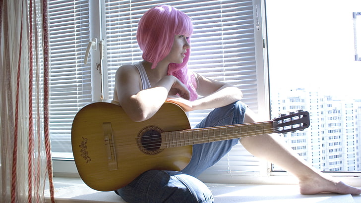 brown wooden classical guitar, girl, guitar, pink hair, mood, sill, HD wallpaper