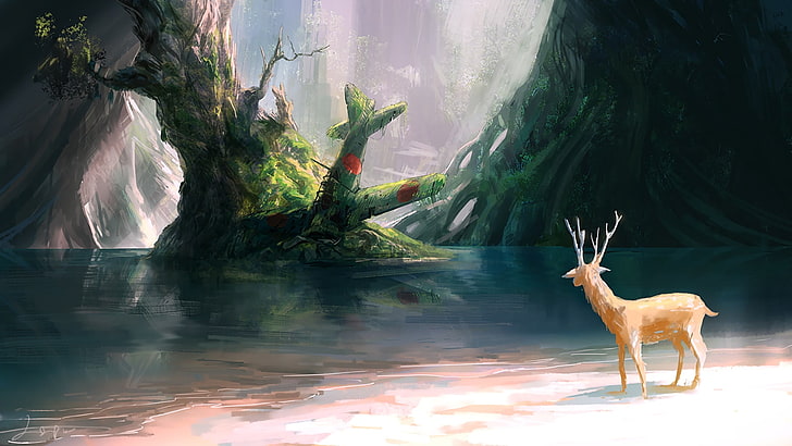 illustrazione di renne, arte digitale, fantasy art, animali, cervi, natura, paesaggio, alberi, aeroplano, relitto, acqua, ramo, Sfondo HD
