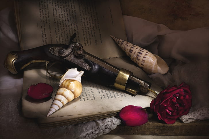 gun, rose, texture, petals, shell, book, still life, HD wallpaper