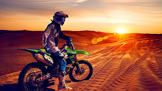 пустиня, мотокрос, мотор, слънчеви лъчи, слънчево, спорт, HD тапет HD wallpaper