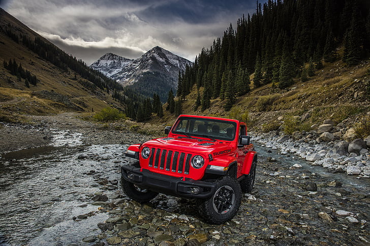 Kırmızı ve siyah Jeep Wrangler gündüz dağa yakın, Jeep Wrangler Rubicon, 2018, HD masaüstü duvar kağıdı