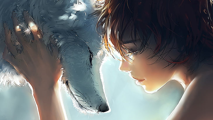 illustration of wolf and man, redhead, wolf, love, HD wallpaper