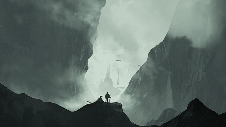 człowiek i smok patrząc na zamek, grafikę cyfrową, smok, góry, Tapety HD
