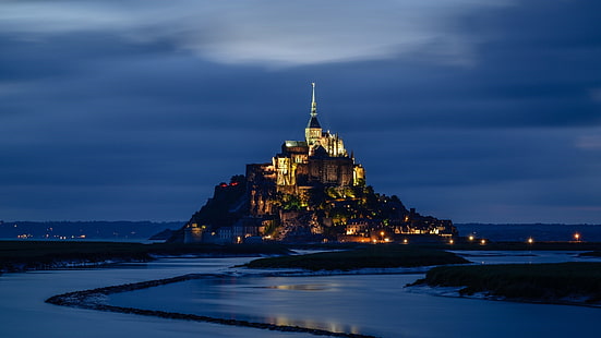 france, monastery, medieval monastery, unesco world heritage site, unesco world heritage, landscape, mont saint michel, tree, europe, river, normandy, tourist attraction, dusk, night, evening, water, landmark, sky, mont saint-michel, HD wallpaper HD wallpaper