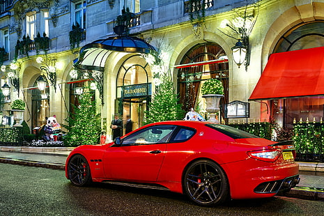 Maserati Granturismo, Maserati, granturismo, Merah, novitec, bangunan, Malam, Wallpaper HD HD wallpaper