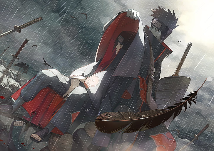 Naruto character illustration, Naruto Shippuuden, Uchiha Itachi, rain, Hoshigaki Kisame, Akatsuki, HD wallpaper